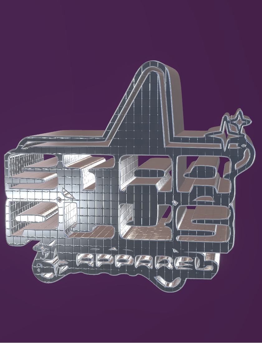 Metallic logo on a purple background